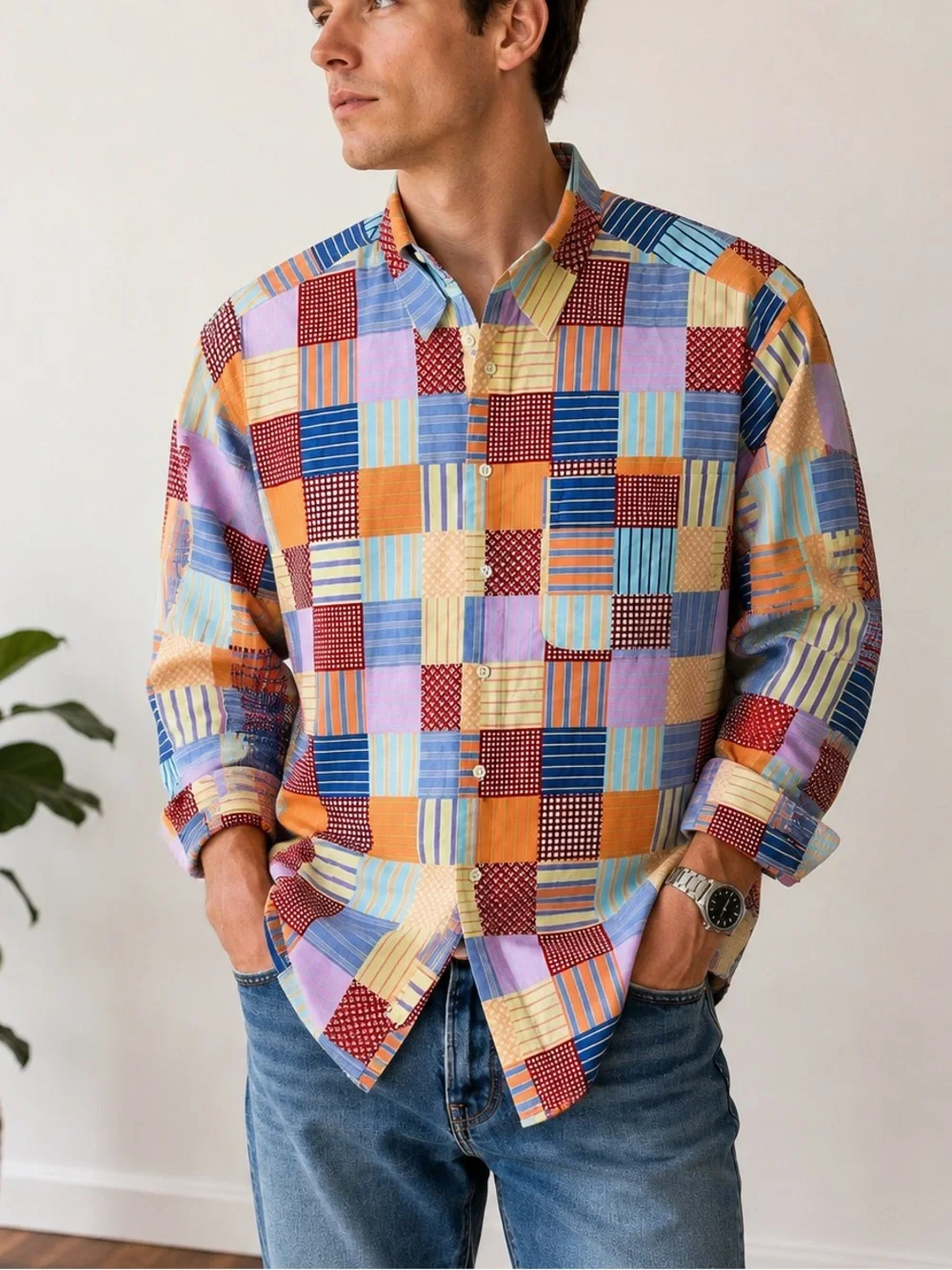 Vintage J Crew Oarsman Cotton Patchwork Plaid Button Dress Shirt Mens L Preppy